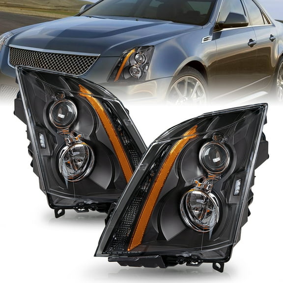 For 2008-2014 Cadillac CTS CT-S Black Halogen Headlights Lamps LH+RH w/BULBS