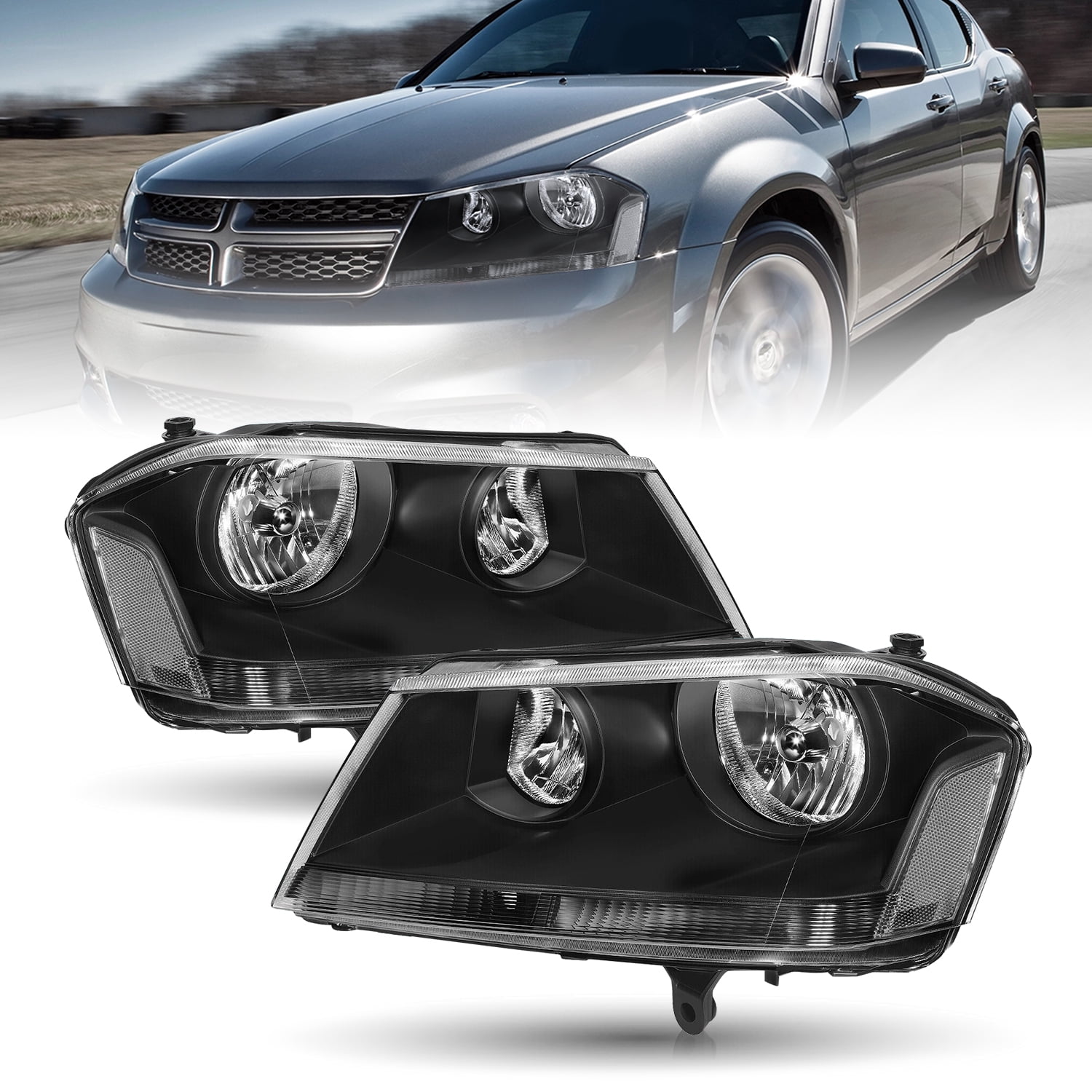 For 2008-2014 Dodge Avenger  Black Clear Headlight Assembly Headlamps Left+Right