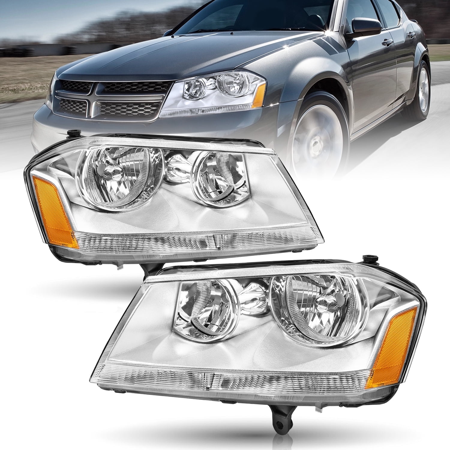 For 2008-2014 Dodge Avenger Headlights Assembly Chrome Housing Amber Corner Lamp