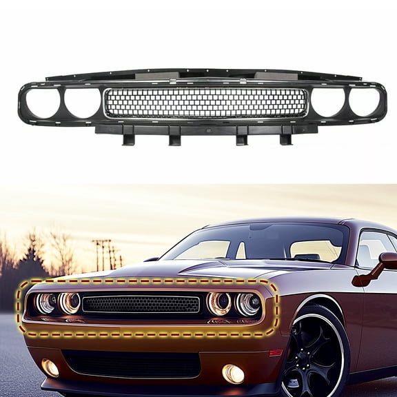 For 2008-2014 Dodge Challenger Front Bumper Grille Black w/ Chrome Trim Molding