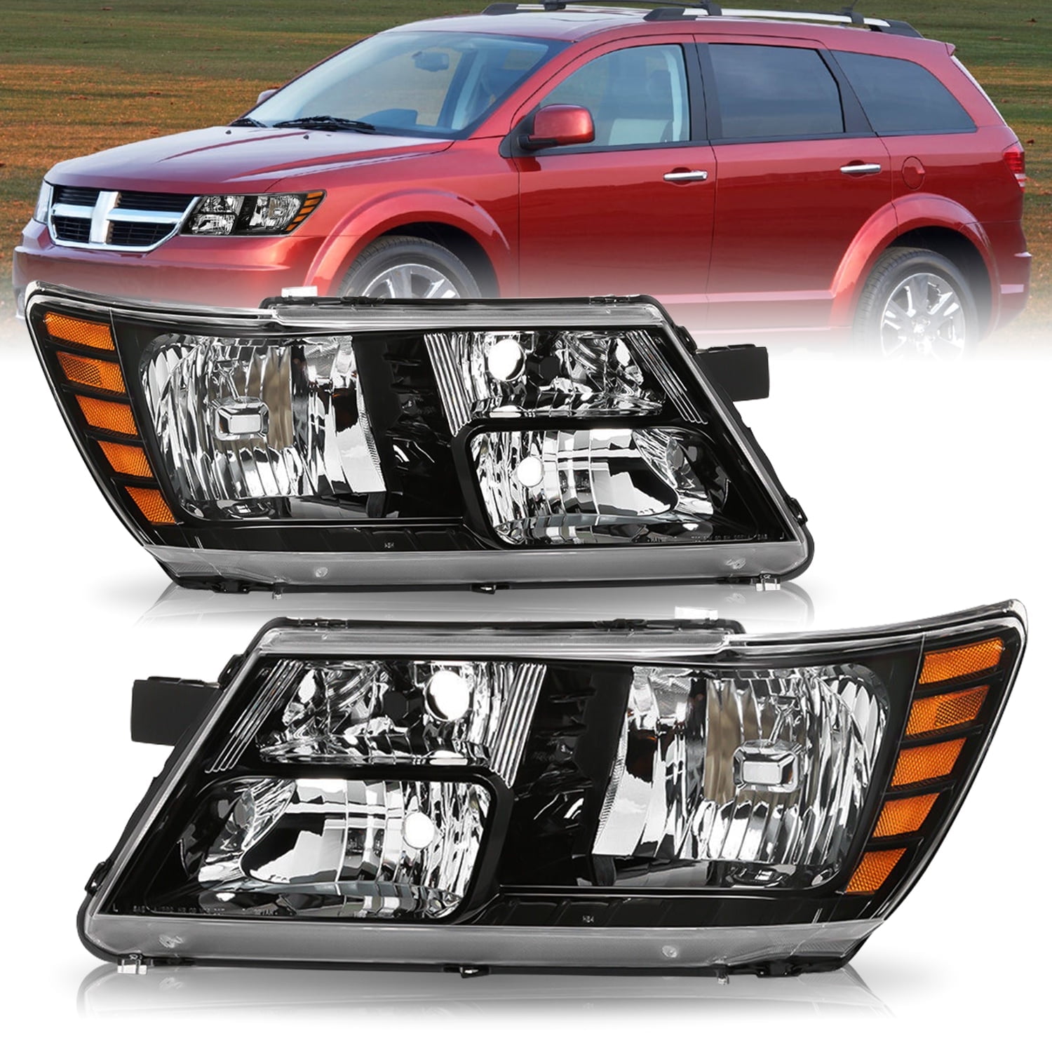 For  2009-2020 Dodge Jounery Black Amber Headlights Driver Left + Passenger Right Side Pair 09-20