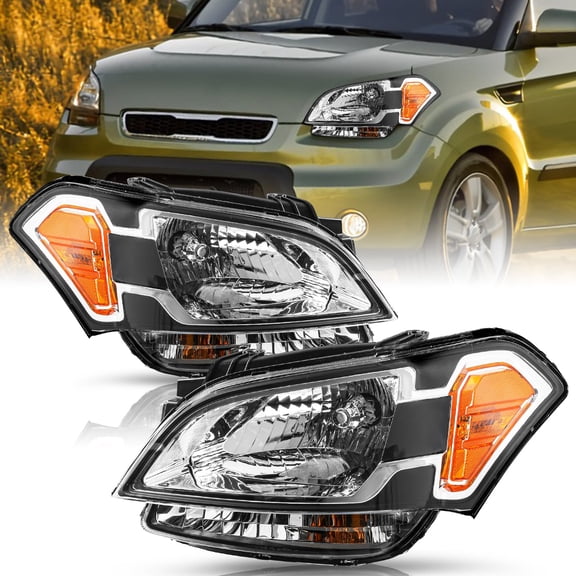 For 2010-2011 Kia Soul Black Amber Halogen Headlights Assembly Pair L+R