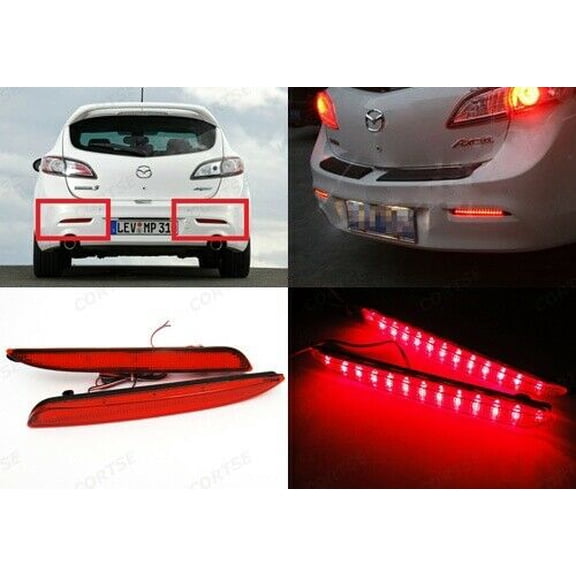 For 2010-2013 Mazda 3 2x Red Lens Red LED Rear Bumper Reflector Stop Brake Light