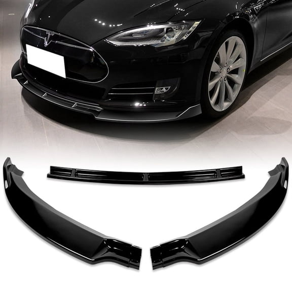 For 2012-2016 Tesla Model S STP-Style Painted Glossy Black Front Bumper Spoiler Lip 3pcs Set