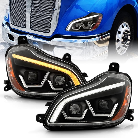 For 2013-2019 Kenworth T680 Black LED Switchback Sequential Projector Headlights