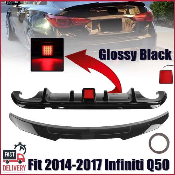 For 2014 15-2017 Infiniti Q50 Rear Bumper Diffuser & Rear Spoiler Gloss Black 16