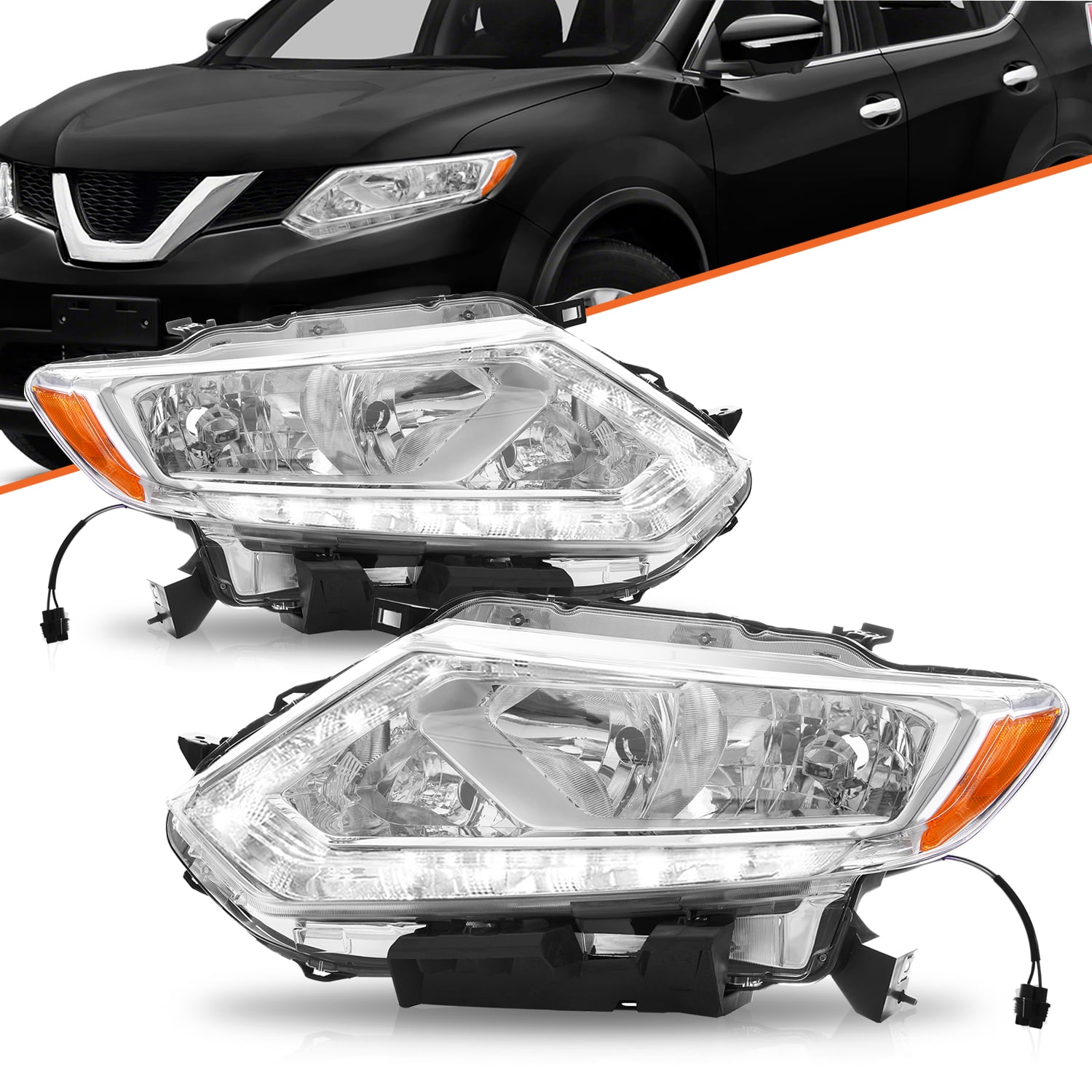 For 2014 2015 2016 Nissan Rogue Halogen LED DRL Headlights Assembly Pair