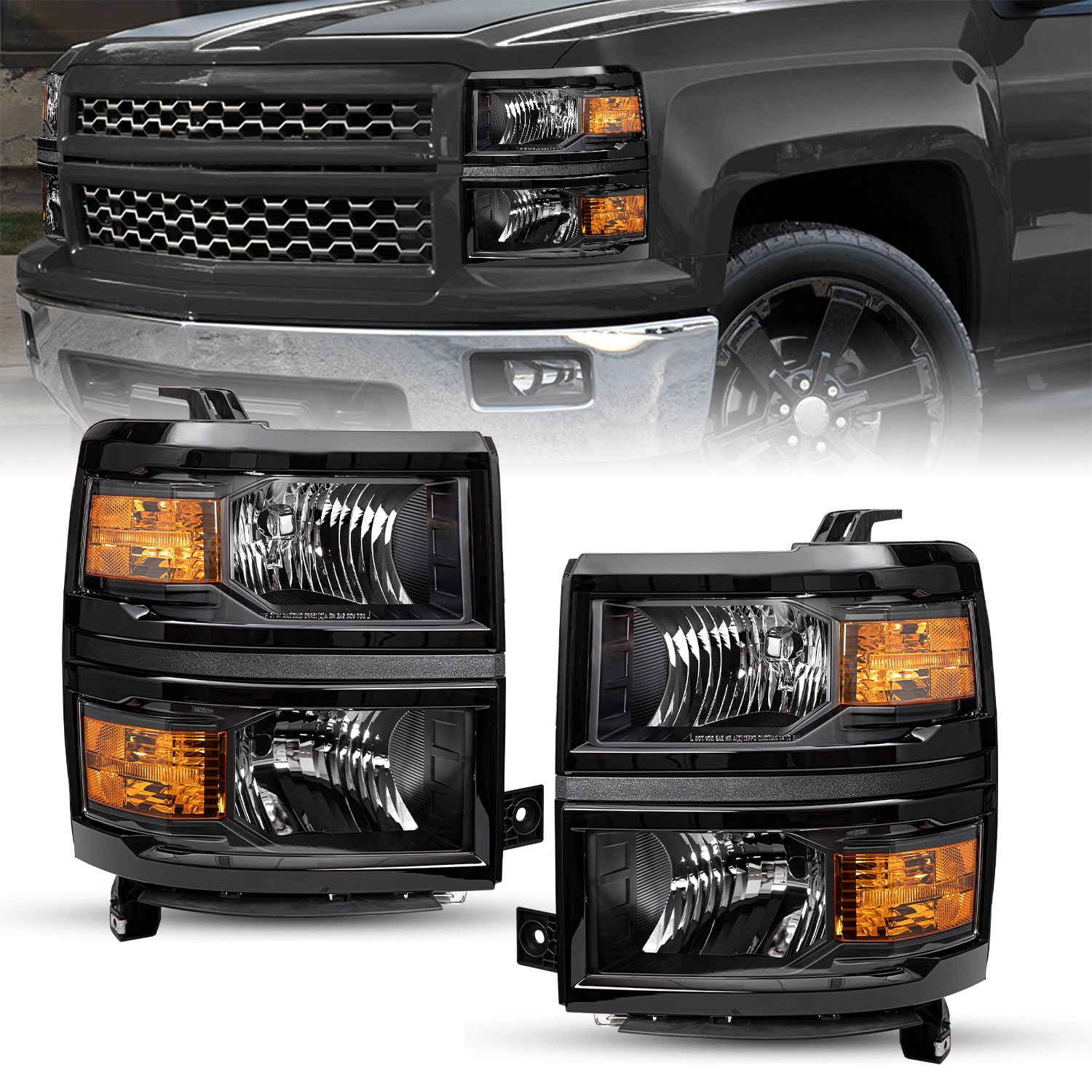 For 2014-2015 Chevy Silverado 1500 Black Amber Headlights Headlamps L+R Pairs