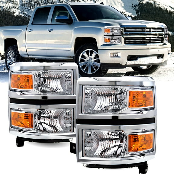 For 2014-2015 Chevy Silverado 1500 Chrome Amber Headlights Headlamps L R Pairs