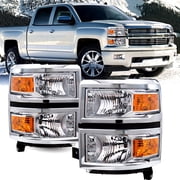 For 2014-2015 Chevy Silverado 1500 Chrome Amber Headlights Headlamps L+R Pairs