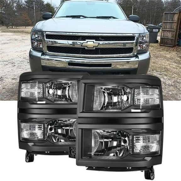 For 2014-2015 Chevy Silverado 1500 Pickup Truck Black Housing Clear Reflector Headlights Headlamps Pair Set Driver & Passenger