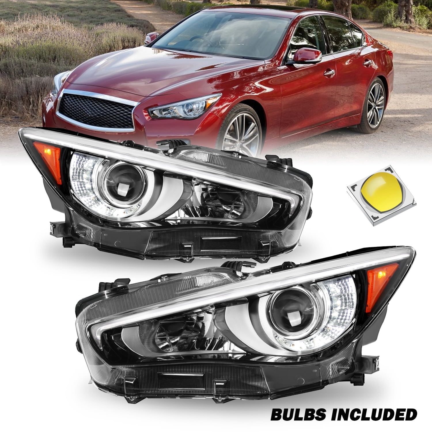 Titans Motors Headlights For 2014–2017 Infiniti Q50 LED DRL W O Afs Black Headlamp Assembly Pair Left And Right