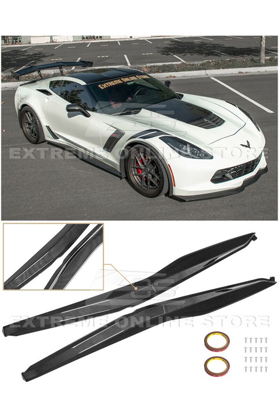 For 2014-Present Chevrolet Corvette C7 ALL Models | Z06 Z07 Style Side Skirts Rocker Panels Extension ( ABS Plastic - Hydro-Dipped Carbon Fiber )