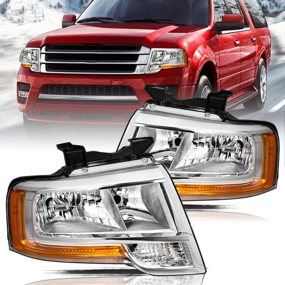 For 2015-2017 Ford Expedition Chrome Amber Headlights Headlamps Assembly Pair