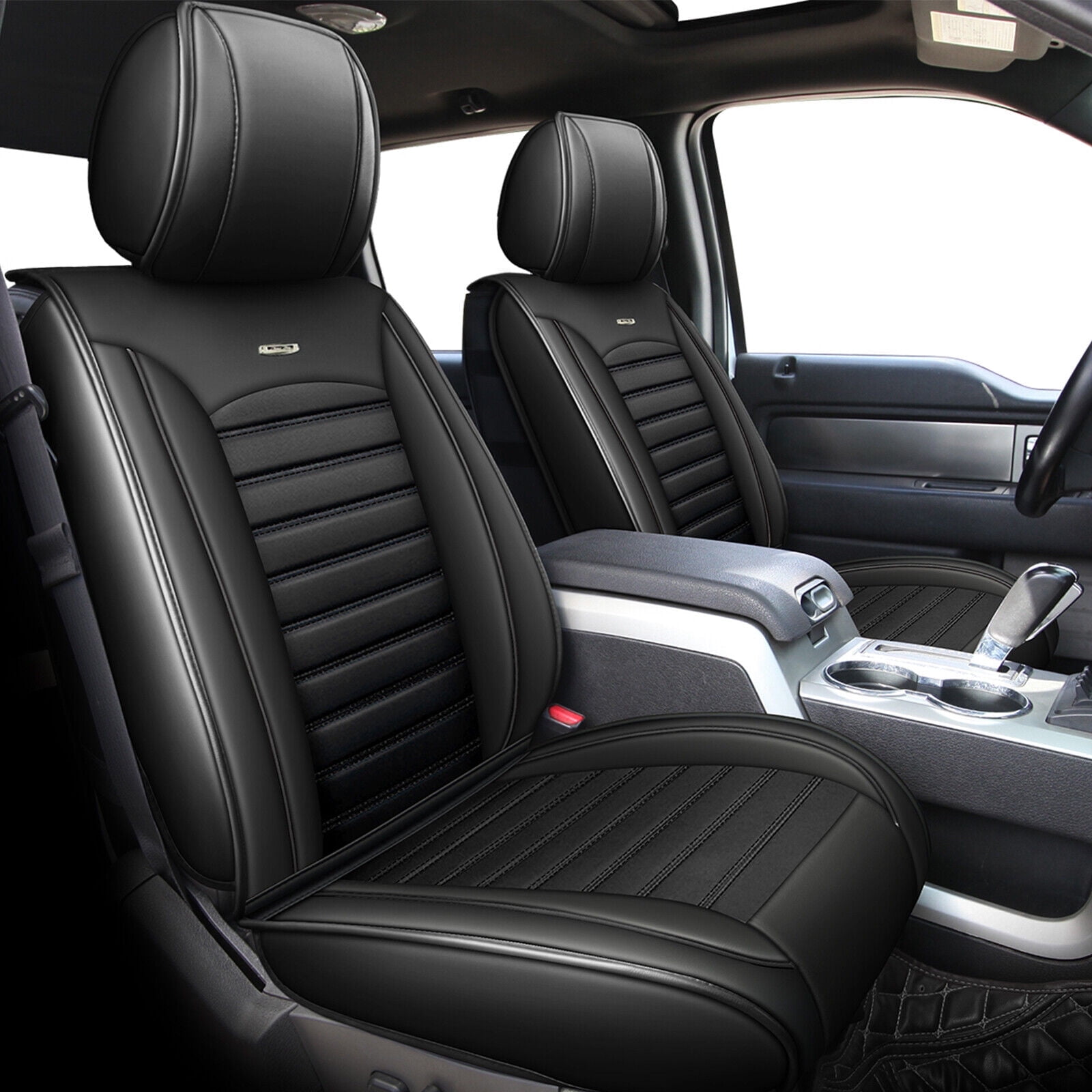 Car Seat Covers for 2015 2022 Ford F150 Truck Custom PU Leather Front Rear Full Set Black with Red Line