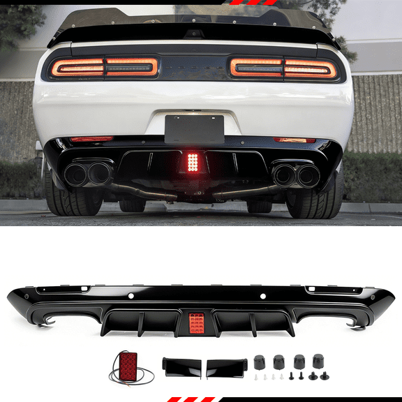 For 2015-2023 Dodge Challenger Widebody Rear Bumper Lip Diffuser with LED Brake Light, Glossy Black Finish, Rear Bumper Protector Spoiler Kit