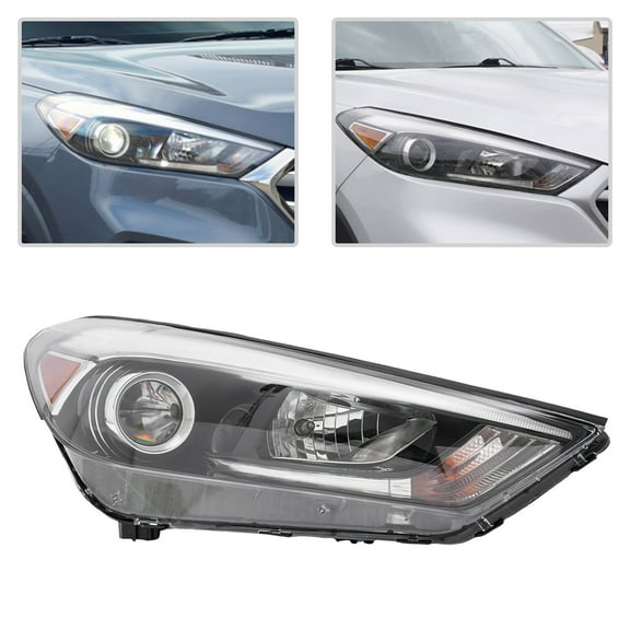 For 2016 2017 2018 Hyundai Tucson Headlight Assembly - Halogen+LED Headlamp, w/LED DRL, w/Bulbs, Right Passenger Side, Black Housing, Clear Lens