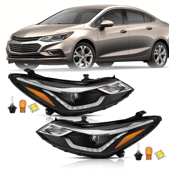 For 2016-2019 Chevy Cruze Halogen w/LED DRL Black Projector Headlights Left+Right