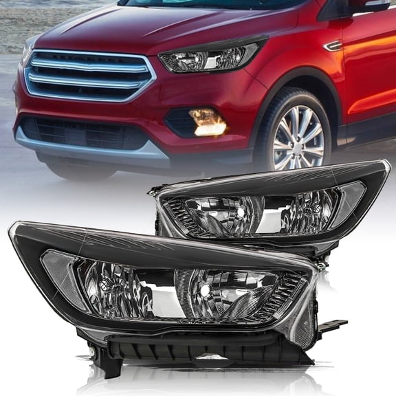 For 2017 2018 2019 Ford Escape Halogen w/o LED DRL Black Clear Headlights Lamps Pair