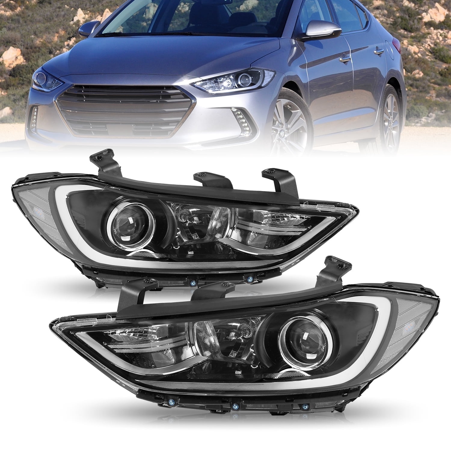 For 2017 2018 Hyundai Elantra Chrome Clear Headlight Replacement Left&Right Pair