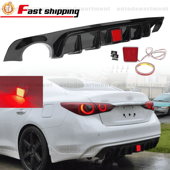 For 2018 19-2023 Infiniti Q50 Gloss Black Rear Bumper Diffuser Lip W/ LED Light