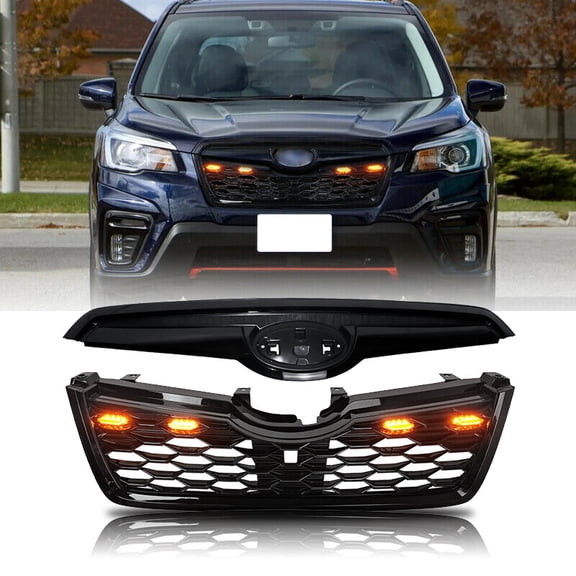 For 2019 2020 2021 Subaru Forester Gloss Black Front Bumper Grille Grill W/Light