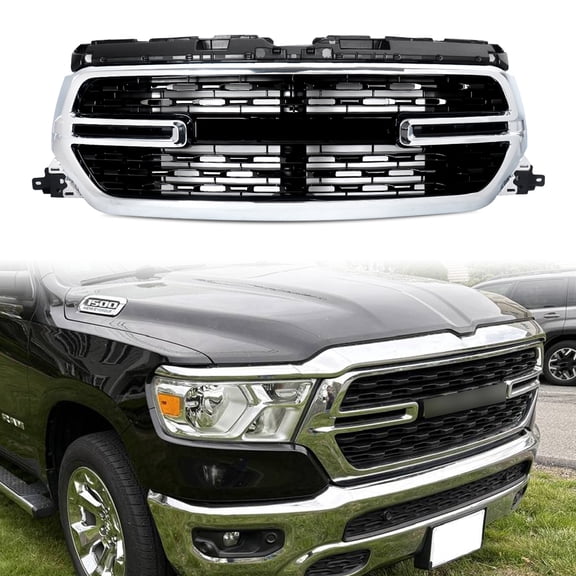For 2019-2024 RAM 1500 Big Horn Chrome+Black Front Bumper Upper Grille Grill
