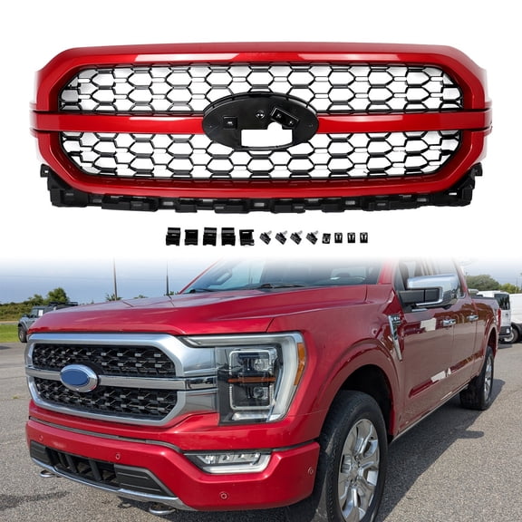 For 2021-2023 Ford F150 F-150 Platinum Style Front Bumper Upper Grille Grill Rapid Red