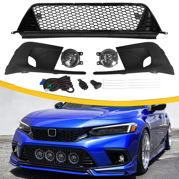 For 2022-2023 Honda Civic Upper＆Lower Grill W/Eyelid Molding Trim Fog