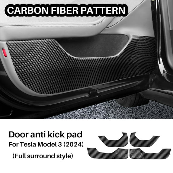 For 2024 Tesla Model 3 Car Door Anti-Kick Mats with Carbon Fiber Texture Auto Interior Accessories in Full Wrap Style