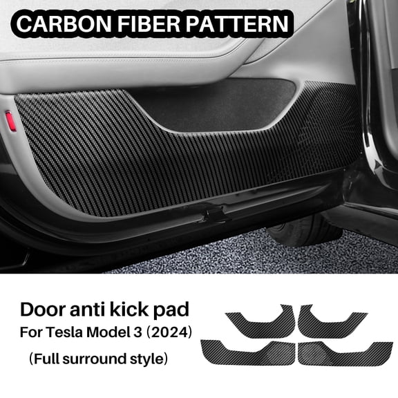 For 2024 Tesla Model 3 Car Door Anti-Kick Mats with Carbon Fiber Texture Auto Interior Accessories in Full Wrap Style