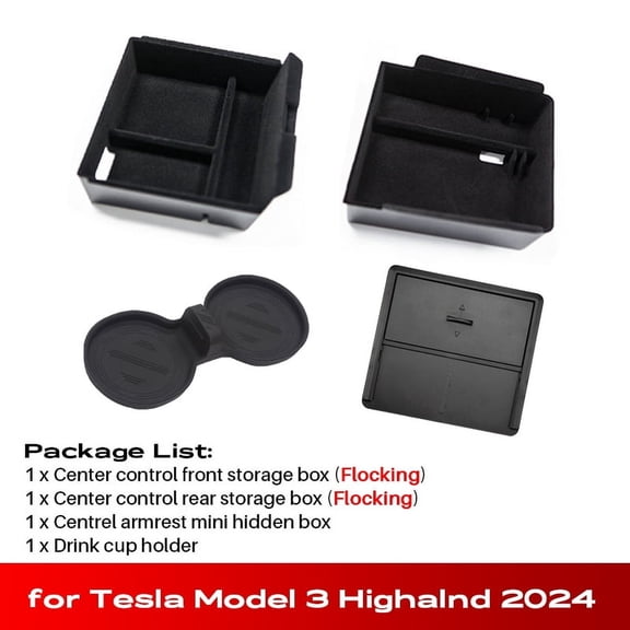 For 2024 Tesla New Model 3 Highland Hidden Storage Box Car Center Console Armrest Front and Rear Flocking Layered Grid Organized