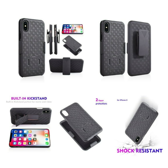 For 5.8" Apple iPhone X Built-in Kickstand 2-Layer Protections Hard Back Cover Shockproof Resistant Belt Clip Heavy Duty Impact Bumper Phone Case [Black]