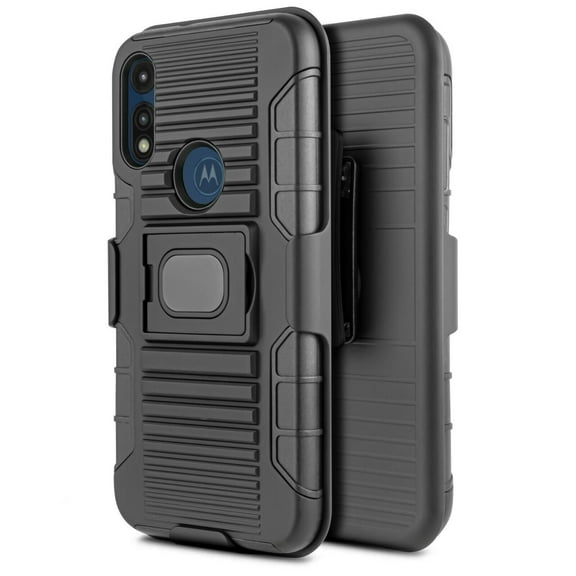 For 6.4" Samsung Galaxy A20 Combo Holster Belt Clip Kickstand Dual Layer Protective Case Raised Bevel Design Enhance Camera and Screen Protection Shockproof Impact Bumper Phone Case [Black]