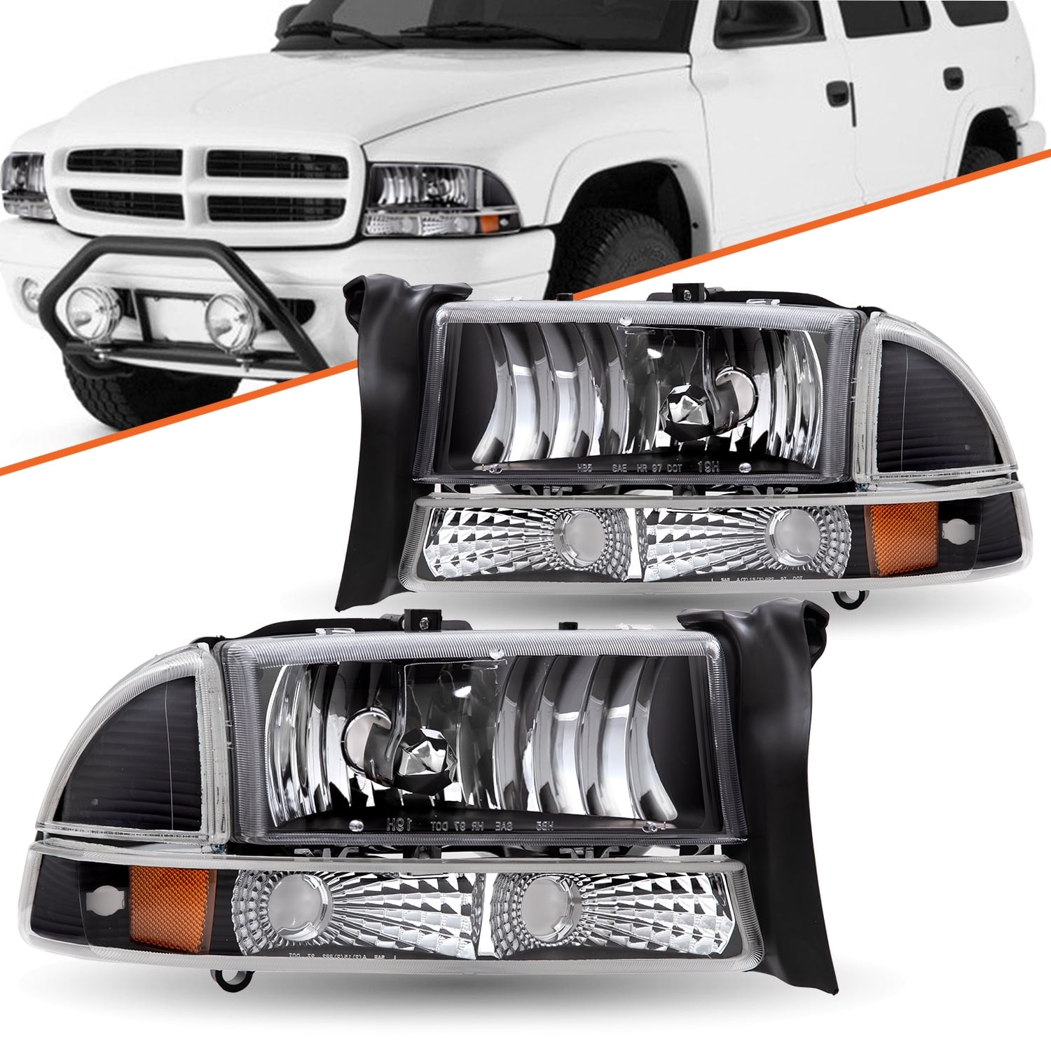 For 97-04 Dodge Dakota 98-03 Dodge Durango Black Amber Headlights Assembly LH+RH