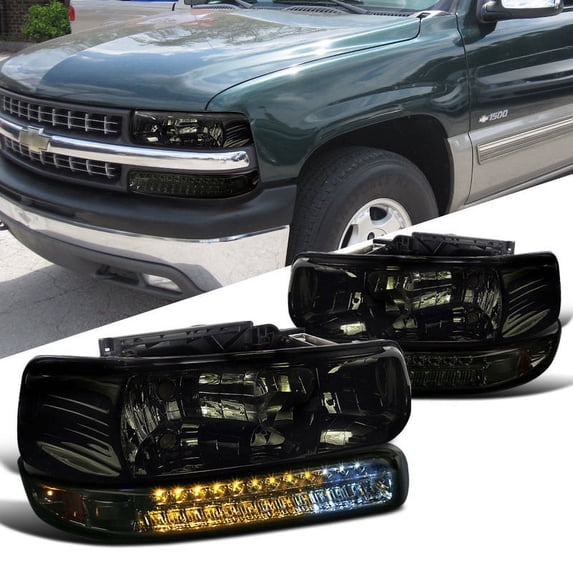 For 99-02 Chevy Silverado 1500/2500 TD Crystal Headlights + LED Bumper Lights Set (Smoke) TD-HD-JH-CSIL99-LED-SET-SM