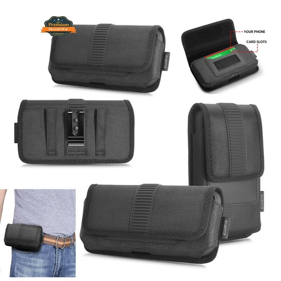 For AT&T Calypso 4 Universal Horizontal Nylon Phone Case Carrying Pouch Cover with Card Storage Pocket & Belt Clip Loop Holster Front Grip - Black