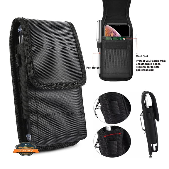 For AT&T Calypso 4 Vertical Nylon Canvas Holster Universal Cell Phone Pouch Secure Closure with Credit Card Slot & Belt Clip Loop Carabiner - Black