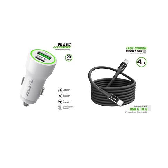 For AT&T Cingular Flex 2 20W Car Charger PD + 2.4A USB with 4ft C to C cable
