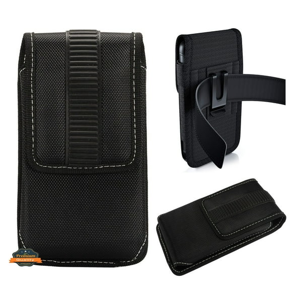 For AT&T Jetmore / Radian Max 5G / Motivate Max / Maestro Max Rugged Canvas Cellphone Belt Clip Cover Holster Pouch Holder with Belt Loops Universal Vertical Carrying Case - Black