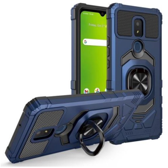 For AT&T Motivate 2 EA211002 2021 Robotic Ring Kickstand Phone Case + Tempered Glass - Blue
