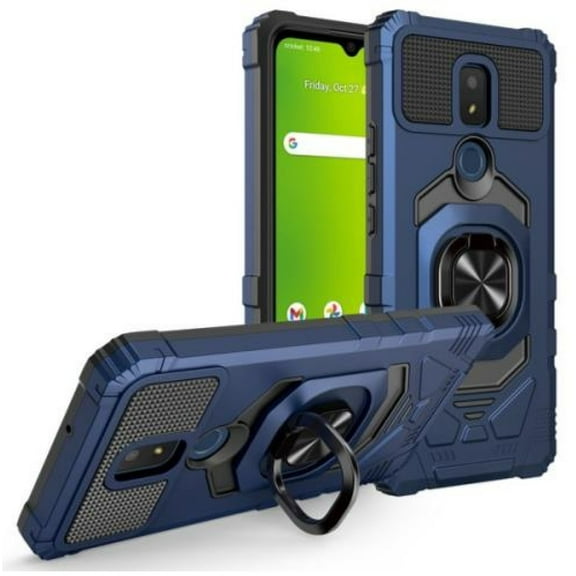 For AT&T Motivate 3 EABF22206 Robotic Ring Kickstand Phone Case + Tempered Glass - Blue