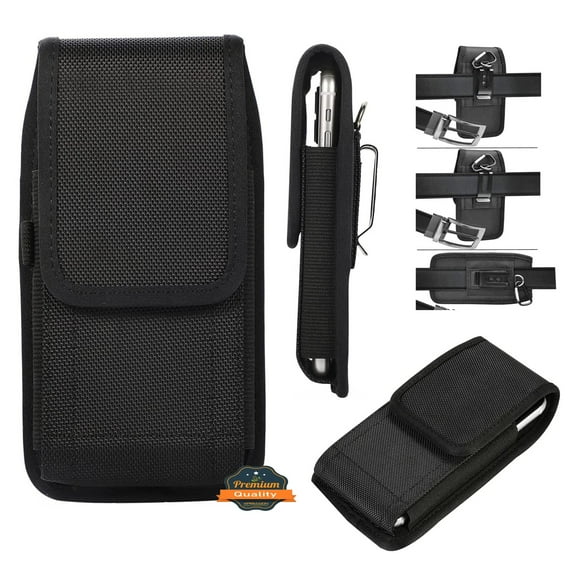 For AT&T Motivate 4 / Propel 5G / Motivate 2 / Motivate 3 Nylon Canvas Fabric Waist Belt Holster Vertical Pouch Holds XL Phone Works with Thick Cases Universal Cover - Black