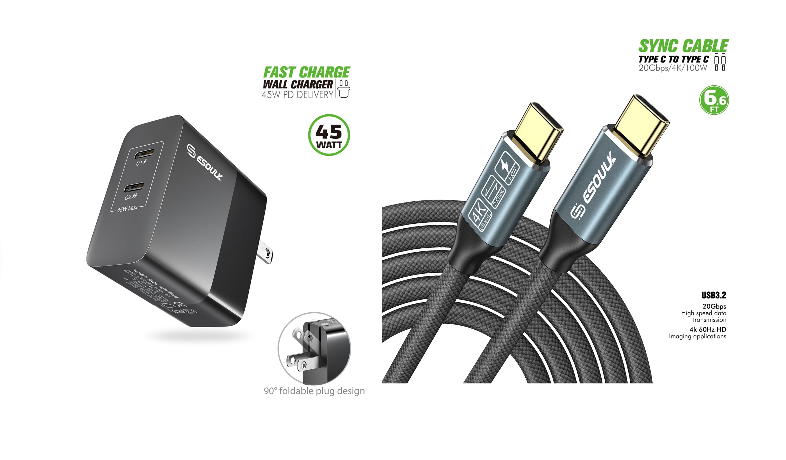 For AT&T Motivate Pro 2 SN512A 45W Fast Home Wall Travel Charger PD USB C + 1 X 6FT 100W Type C to C USB Cable