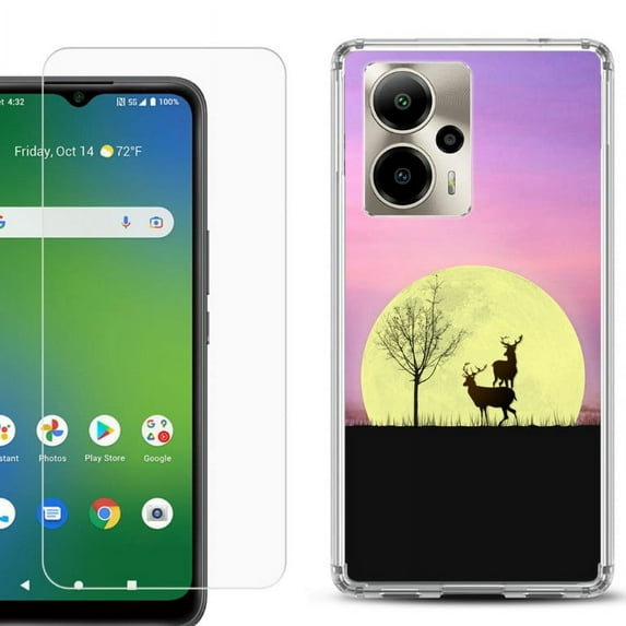 For AT&T Motivate Pro 5G Phone Case Cover, Shockproof Bumper Hybrid Case with Tempered Glass Screen Protector, by OneToughShield - Moonlight Deer