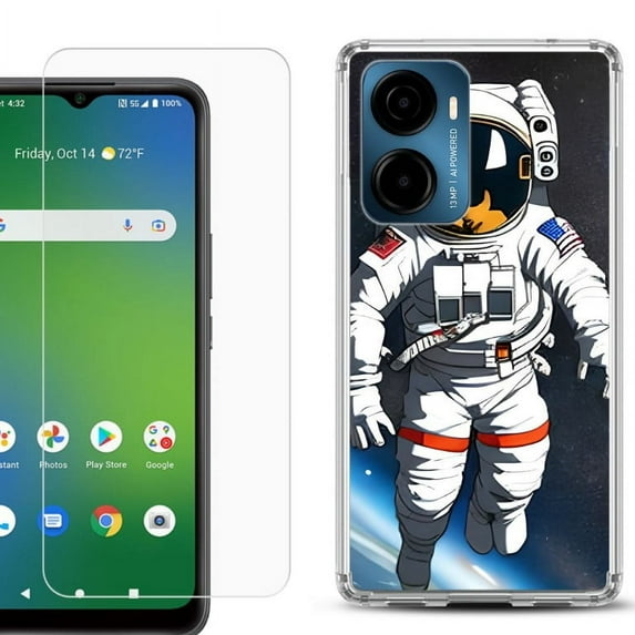 For AT&T Propel 2 5G Phone Case Cover, Shockproof Bumper Hybrid Case with Tempered Glass Screen Protector, by OneToughShield - Astronaut