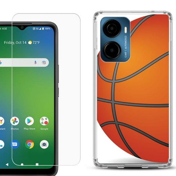 For AT&T Propel 2 5G Phone Case Cover, Shockproof Bumper Hybrid Case with Tempered Glass Screen Protector, by OneToughShield - Basketball