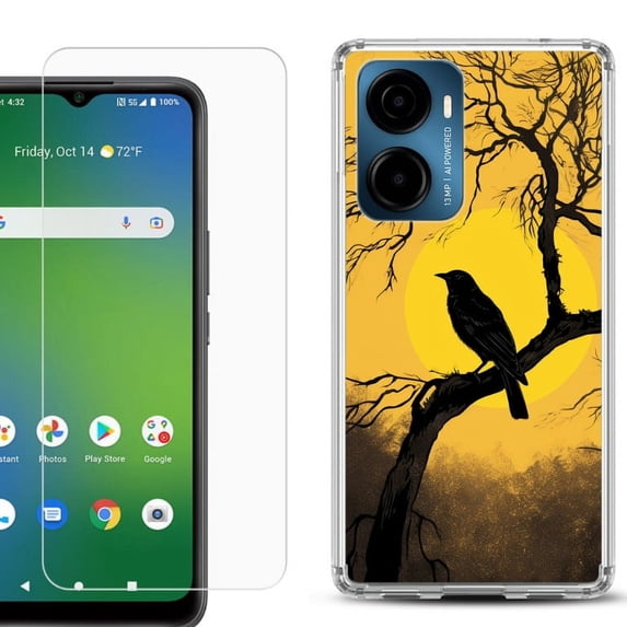 For AT&T Propel 2 5G Phone Case Cover, Shockproof Bumper Hybrid Case with Tempered Glass Screen Protector, by OneToughShield - Bird Sunset