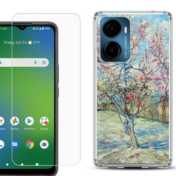 For AT&T Propel 2 5G Phone Case Cover, Shockproof Bumper Hybrid Case with Tempered Glass Screen Protector, by OneToughShield - Blossom Tree