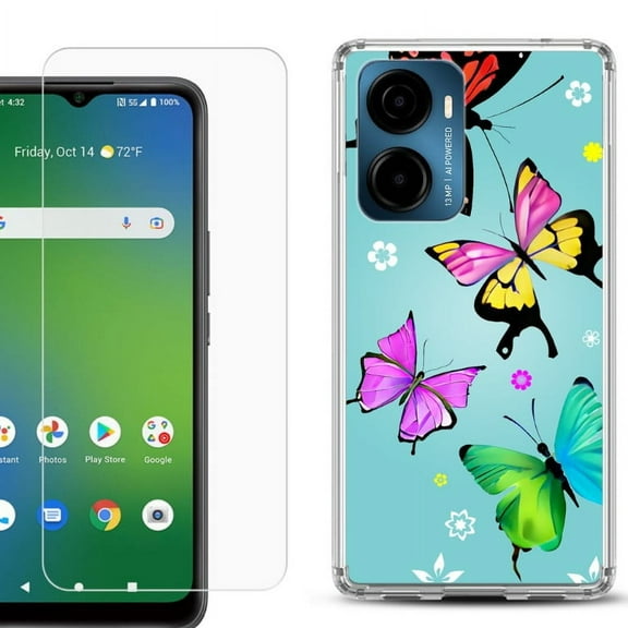 For AT&T Propel 2 5G Phone Case Cover, Shockproof Bumper Hybrid Case with Tempered Glass Screen Protector, by OneToughShield - Butterfly